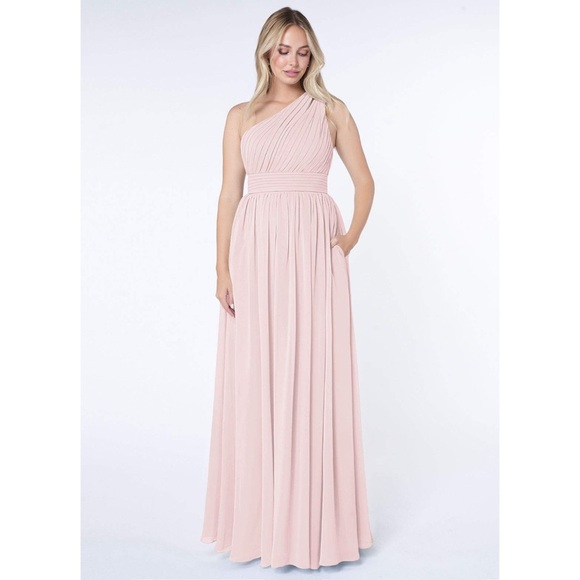 Azazie Dresses & Skirts - NWT Azazie Molly Blushing Pink A-Line One Shoulder Chiffon Dress Sz 6